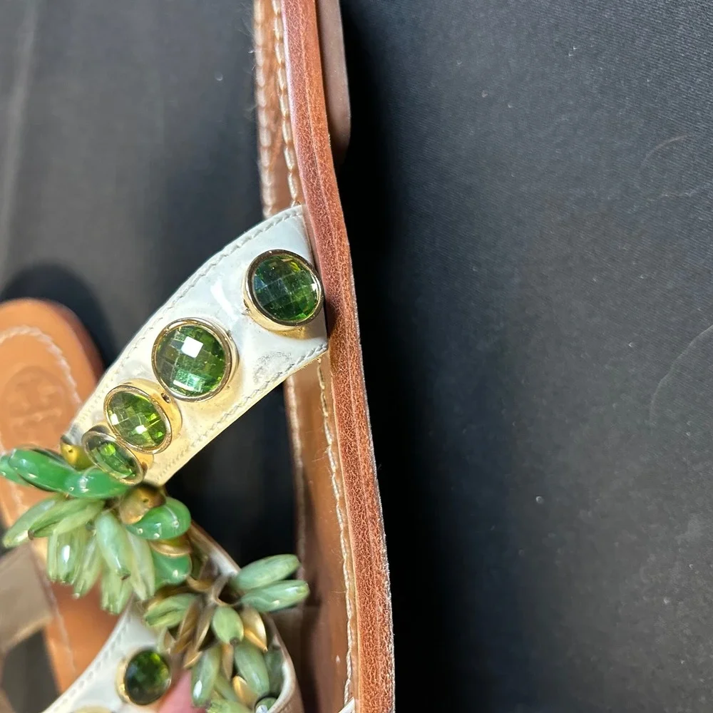 Tory Burch white patent leather green floral gemstone embellished slide sandals